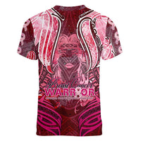 Breast Cancer Warrior Women V-Neck T-Shirt Angel Wings Polynesian Pattern