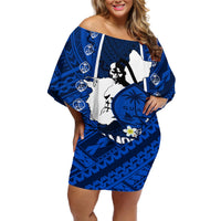 Guam Chamorro Warrior Off Shoulder Short Dress Traditional Tribal Patterns DT02 Women Blue - Polynesian Pride