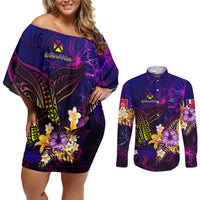 Wallis and Futuna Couples Matching Off Shoulder Short Dress and Long Sleeve Button Shirt Whale Hibiscus Polynesian