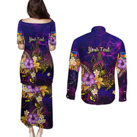 New Caledonia Couples Matching Puletasi and Long Sleeve Button Shirt Whale Hibiscus Polynesian