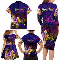 Tahiti French Polynesia Family Matching Long Sleeve Bodycon Dress and Hawaiian Shirt Whale Hibiscus Polynesian DT02 - Polynesian Pride