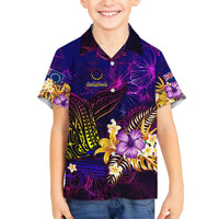 Cook Islands Family Matching Off Shoulder Short Dress and Hawaiian Shirt Whale Hibiscus Polynesian DT02 Son's Shirt Purple - Polynesian Pride
