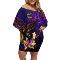 Tuvalu Off Shoulder Short Dress Whale Hibiscus Polynesian