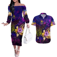 Northern Mariana Islands Couples Matching Off The Shoulder Long Sleeve Dress and Hawaiian Shirt Whale Hibiscus Polynesian DT02 Purple - Polynesian Pride