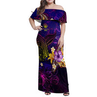 Northern Mariana Islands Family Matching Off Shoulder Maxi Dress and Hawaiian Shirt Whale Hibiscus Polynesian DT02 Mom's Dress Purple - Polynesian Pride