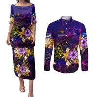 Marshall Islands Couples Matching Puletasi and Long Sleeve Button Shirt Whale Hibiscus Polynesian