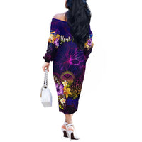 Marshall Islands Off The Shoulder Long Sleeve Dress Whale Hibiscus Polynesian