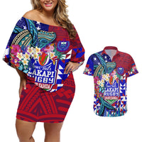 Manu Samoa Rugby 2023 Couples Matching Off Shoulder Short Dress and Hawaiian Shirt Humpback Whale Hexagon Tribal Tropical Style DT02 Blue - Polynesian Pride