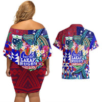 Manu Samoa Rugby 2023 Couples Matching Off Shoulder Short Dress and Hawaiian Shirt Humpback Whale Hexagon Tribal Tropical Style DT02 - Polynesian Pride