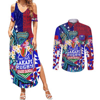 Manu Samoa Rugby 2023 Couples Matching Summer Maxi Dress and Long Sleeve Button Shirts Humpback Whale Hexagon Tribal Tropical Style DT02 Blue - Polynesian Pride