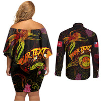 Wallis and Futuna Couples Matching Off Shoulder Short Dress and Long Sleeve Button Shirt Octopus Plumeria Polynesian Tattoo