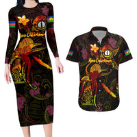 New Caledonia Couples Matching Long Sleeve Bodycon Dress and Hawaiian Shirt Octopus Plumeria Polynesian Tattoo