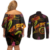 New Caledonia Couples Matching Off Shoulder Short Dress and Long Sleeve Button Shirt Octopus Plumeria Polynesian Tattoo
