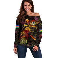 New Caledonia Off Shoulder Sweater Octopus Plumeria Polynesian Tattoo