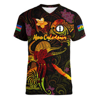 New Caledonia Women V-Neck T-Shirt Octopus Plumeria Polynesian Tattoo