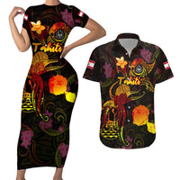Tahiti French Polynesia Couples Matching Short Sleeve Bodycon Dress and Hawaiian Shirt Octopus Plumeria Polynesian Tattoo DT02 Black - Polynesian Pride