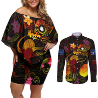 Nauru Couples Matching Off Shoulder Short Dress and Long Sleeve Button Shirt Octopus Plumeria Polynesian Tattoo DT02 Black - Polynesian Pride