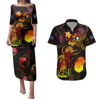 Nauru Couples Matching Puletasi and Hawaiian Shirt Octopus Plumeria Polynesian Tattoo DT02 Black - Polynesian Pride