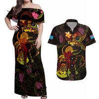Tuvalu Couples Matching Off Shoulder Maxi Dress and Hawaiian Shirt Octopus Plumeria Polynesian Tattoo