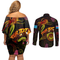 Tuvalu Couples Matching Off Shoulder Short Dress and Long Sleeve Button Shirt Octopus Plumeria Polynesian Tattoo