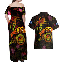 Marshall Islands Couples Matching Off Shoulder Maxi Dress and Hawaiian Shirt Octopus Plumeria Polynesian Tattoo