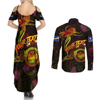 Marshall Islands Couples Matching Summer Maxi Dress and Long Sleeve Button Shirt Octopus Plumeria Polynesian Tattoo