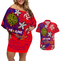Personalized Philippines 12 June Independence Day Couples Matching Off Shoulder Short Dress and Hawaiian Shirt Polynesian Turtle Plumeria DT02 Red - Polynesian Pride