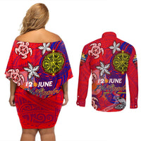 Personalized Philippines 12 June Independence Day Couples Matching Off Shoulder Short Dress and Long Sleeve Button Shirt Polynesian Turtle Plumeria