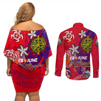 Personalized Philippines 12 June Independence Day Couples Matching Off Shoulder Short Dress and Long Sleeve Button Shirt Polynesian Turtle Plumeria DT02 - Polynesian Pride