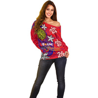 Personalized Philippines 12 June Independence Day Off Shoulder Sweater Polynesian Turtle Plumeria