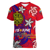 Personalized Philippines 12 June Independence Day Women V-Neck T-Shirt Polynesian Turtle Plumeria