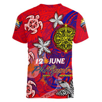 Personalized Philippines 12 June Independence Day Women V-Neck T-Shirt Polynesian Turtle Plumeria