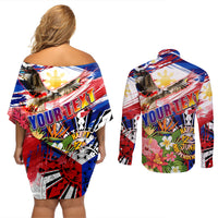 Personalized Philippines Independence Day Couples Matching Off Shoulder Short Dress and Long Sleeve Button Shirt Polynesia Filipinas Eagle Hibiscus