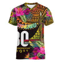 Personalised Vanuatu Independence Day 30 July Women V-Neck T-Shirt Hibiscus Polynesian Pattern