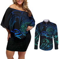Sea Animal Polynesia Couples Matching Off Shoulder Short Dress and Long Sleeve Button Shirt Polynesian Pattern