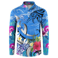 Aloha Hawaii Button Sweatshirt Dolphins and Fish Hook Hibiscus