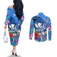 Aloha Hawaii Couples Matching Off The Shoulder Long Sleeve Dress and Long Sleeve Button Shirt Dolphins and Fish Hook Hibiscus