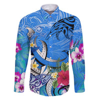 Aloha Hawaii Family Matching Mermaid Dress and Hawaiian Shirt Dolphins and Fish Hook Hibiscus DT02 Dad's Shirt - Long Sleeve Blue - Polynesian Pride