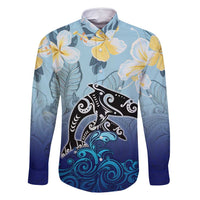 Mother And Baby Dolphins Family Matching Long Sleeve Bodycon Dress and Hawaiian Shirt Hawaii Hibiscus DT02 Dad's Shirt - Long Sleeve Blue - Polynesian Pride