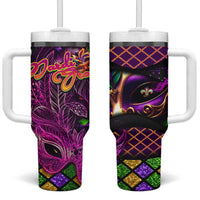 Happy Mardi Gras Tumbler With Handle Mask Feather Colorfull