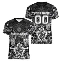 Personalized All Black Women V-Neck T-Shirt New Zealand Rugby Mascot Maori