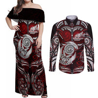 Personalized New Zealand Aotearoa Rugby Couples Matching Off Shoulder Maxi Dress and Long Sleeve Button Shirt Maori Fern Tattoo Art
