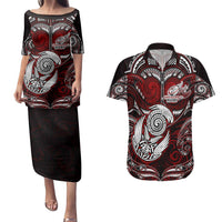 Personalized New Zealand Aotearoa Rugby Couples Matching Puletasi and Hawaiian Shirt Maori Fern Tattoo Art DT02 Red - Polynesian Pride