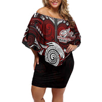 Personalized New Zealand Aotearoa Rugby Off Shoulder Short Dress Maori Fern Tattoo Art DT02 Women Red - Polynesian Pride