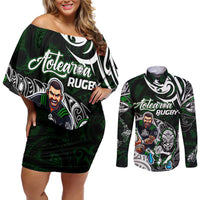 Personalized NZ Aotearoa Rugby Couples Matching Off Shoulder Short Dress and Long Sleeve Button Shirt New Zealand Silver Fern