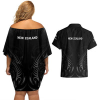 New Zealand Couples Matching Off Shoulder Short Dress and Hawaiian Shirt Rugby 2023 Champions Black DT02 - Polynesian Pride
