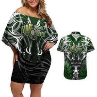 Personalised Warriors Maori Darts Couples Matching Off Shoulder Short Dress and Hawaiian Shirt New Zealand Darts Silver Fern DT02 Green - Polynesian Pride