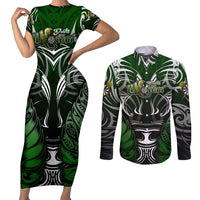 Personalised Warriors Maori Darts Couples Matching Short Sleeve Bodycon Dress and Long Sleeve Button Shirt New Zealand Darts Silver Fern DT02 Green - Polynesian Pride