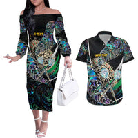 Personalised New Zealand Darts Couples Matching Off The Shoulder Long Sleeve Dress and Hawaiian Shirt NZ Paua Shell Maori Fern DT02 Black - Polynesian Pride