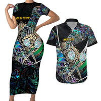 Personalised New Zealand Darts Couples Matching Short Sleeve Bodycon Dress and Hawaiian Shirt NZ Paua Shell Maori Fern DT02 Black - Polynesian Pride